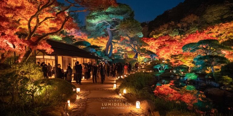 紅葉ライトアップイベントで庭園に来場者が集まる様子 モミジの照明演出と観光施策イメージ