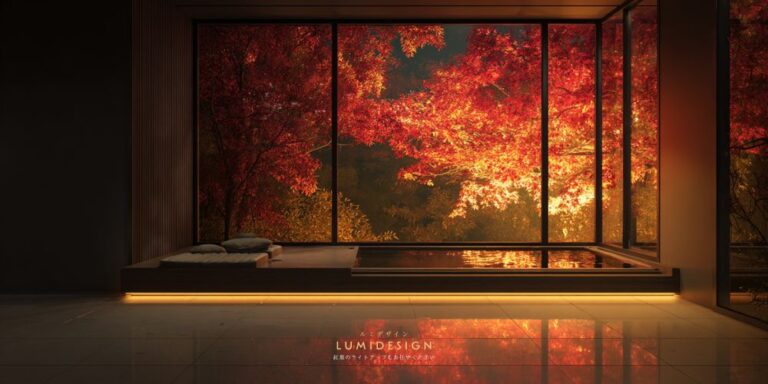 紅葉ライトアップを室内から楽しむ和室空間のイメージ ホテルや旅館の外構照明演出