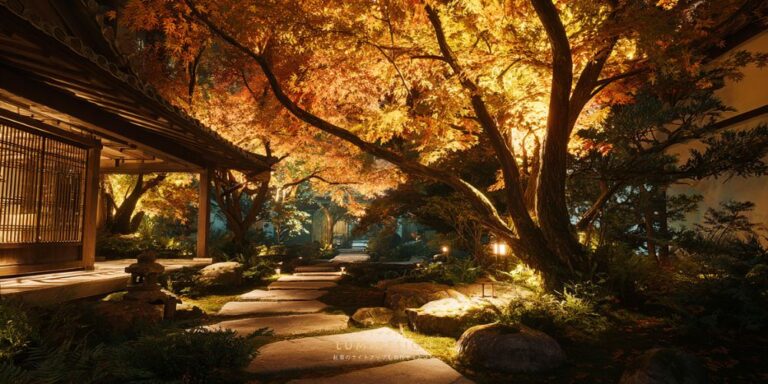 和庭園の紅葉をライトアップした夜景イメージ モミジと小道を美しく照らした照明演出