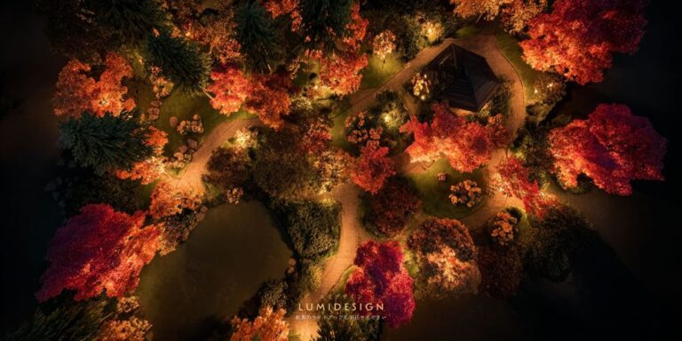 紅葉ライトアップの庭園を俯瞰で見た夜景 モミジの配置と導線設計が分かる照明演出