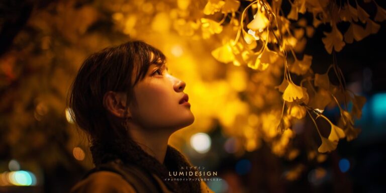 イチョウライトアップに感動する女性のイメージ 黄金の光に包まれた夜景