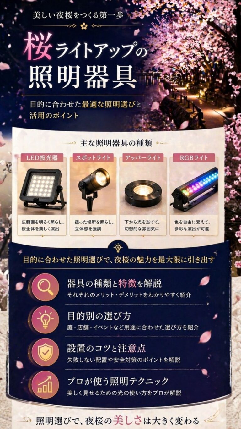 桜ライトアップの方法｜初心者でもできる設置と演出のコツを解説した夜桜のFV画像