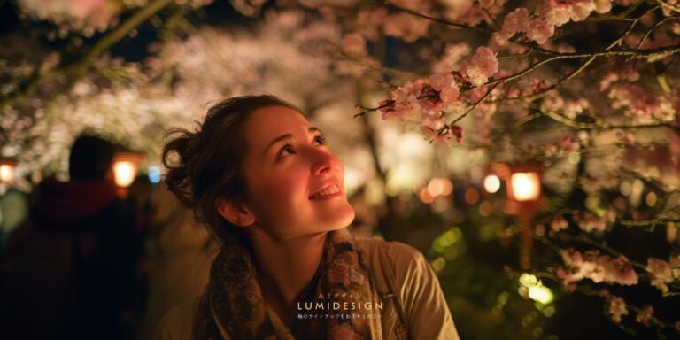 梅ライトアップの感動シーンイメージ 温かい光に照らされた梅の花と女性の表情