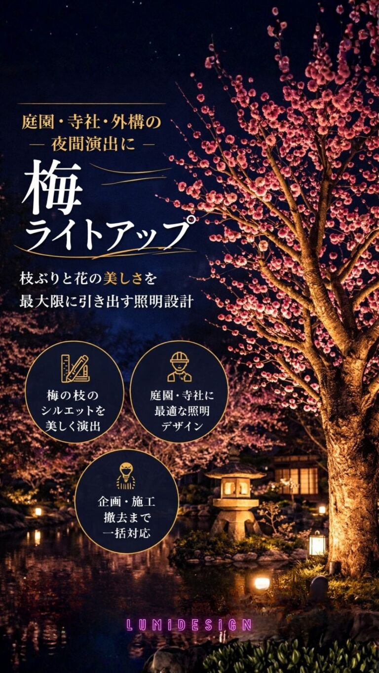 梅ライトアップの夜景イメージ 庭園の梅の木と灯籠を使ったファーストビュー