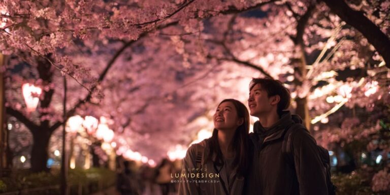夜桜ライトアップを見て感動する女性の様子 樹木ライトアップの魅力と体験イメージ