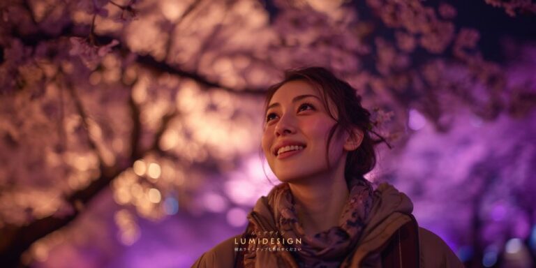 夜桜ライトアップを見て感動する女性の様子 樹木ライトアップの魅力と体験イメージ