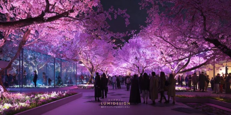 夜桜ライトアップを見て感動する女性の様子 樹木ライトアップの魅力と体験イメージ