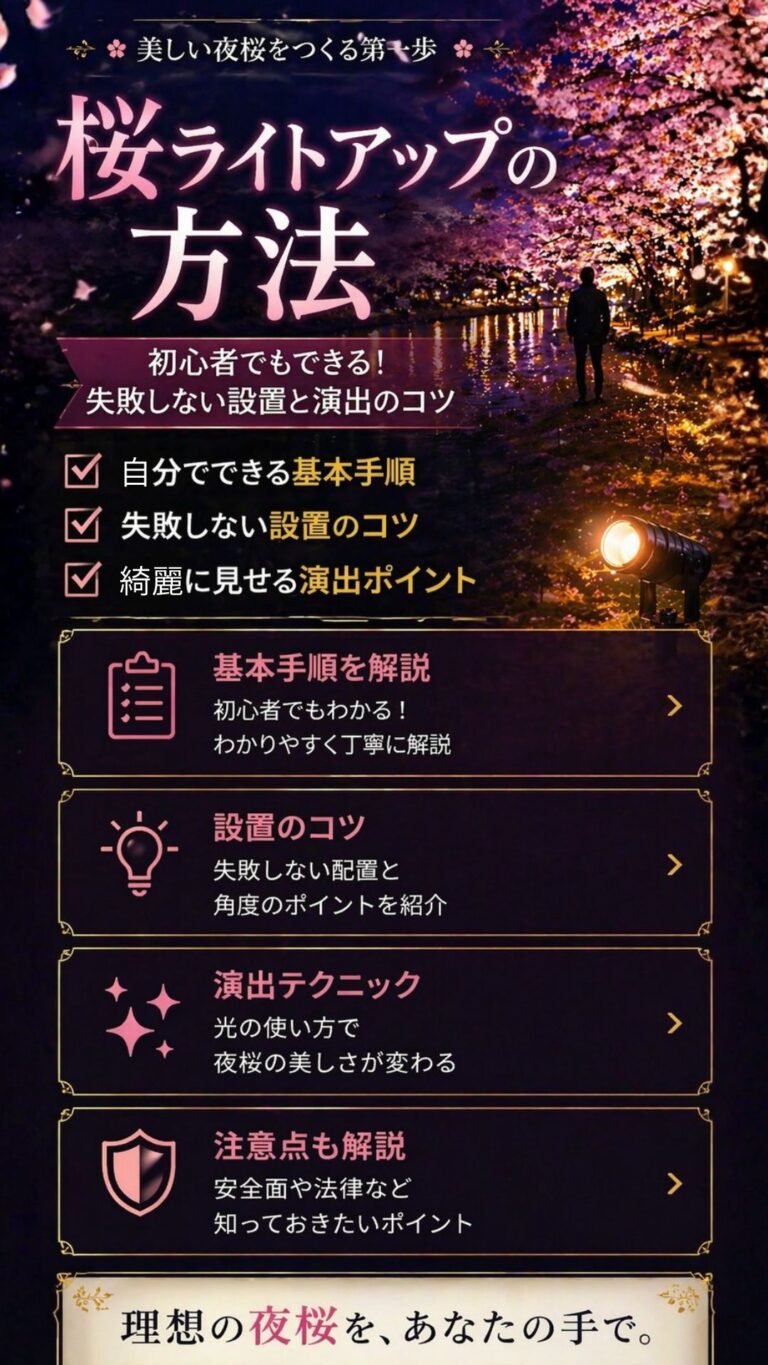 桜ライトアップの方法｜基本手順と設置のコツを紹介する夜桜ライトアップのFV画像