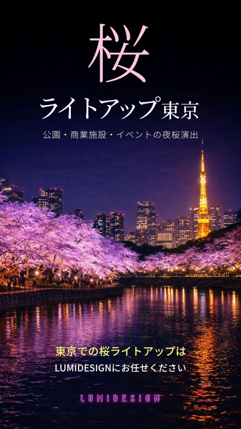 東京で桜ライトアップを行った夜景イメージ 桜並木と都市景観を活かした照明演出