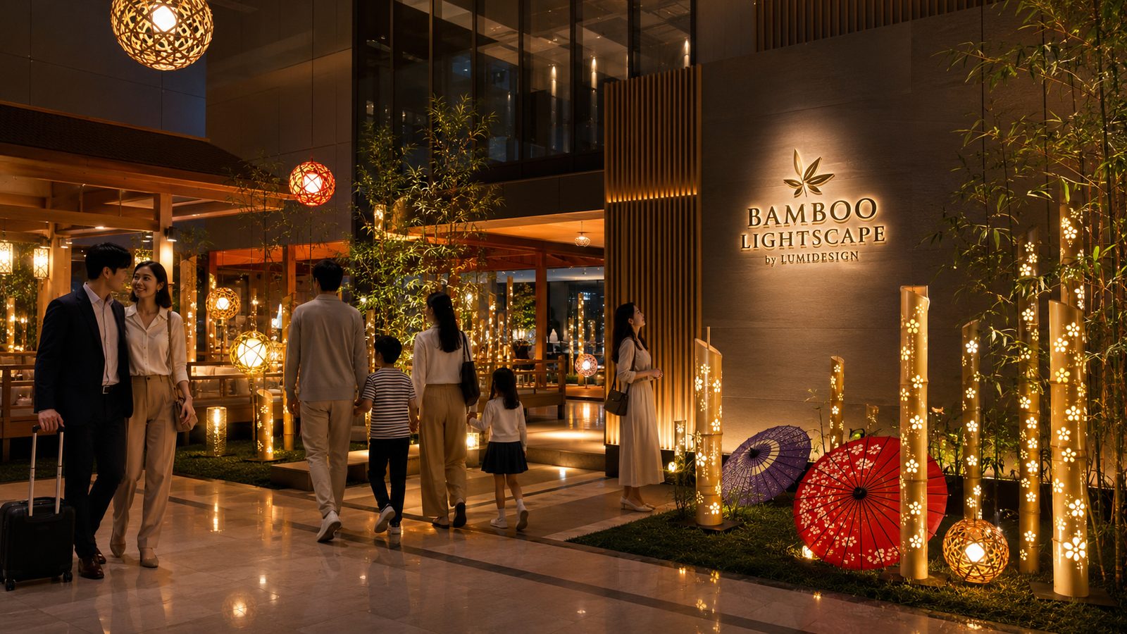 BAMBOO LIGHTSCAPE by LUMIDESIGNの竹灯籠と竹鞠、和傘が灯る商業施設を家族連れや来場者が歩く夜間演出イメージ
