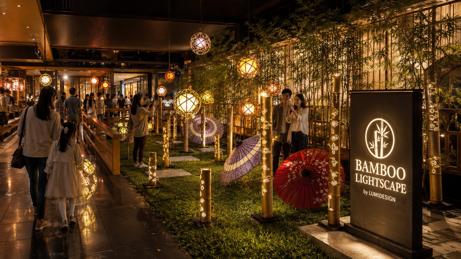 BAMBOO LIGHTSCAPE by LUMIDESIGNの竹灯籠と竹鞠が並ぶ商業施設の回遊空間で家族や来場者が散策や写真撮影を楽しむイメージ