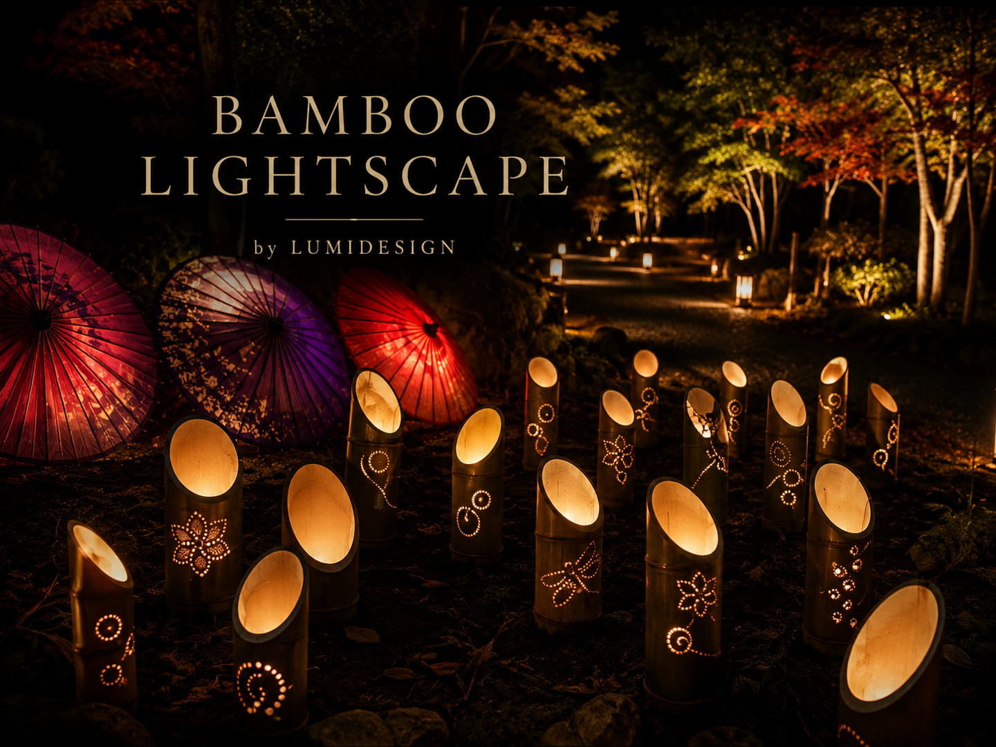 竹灯籠と和傘を庭園に配置した幻想的なBAMBOO LIGHTSCAPEの夜間演出