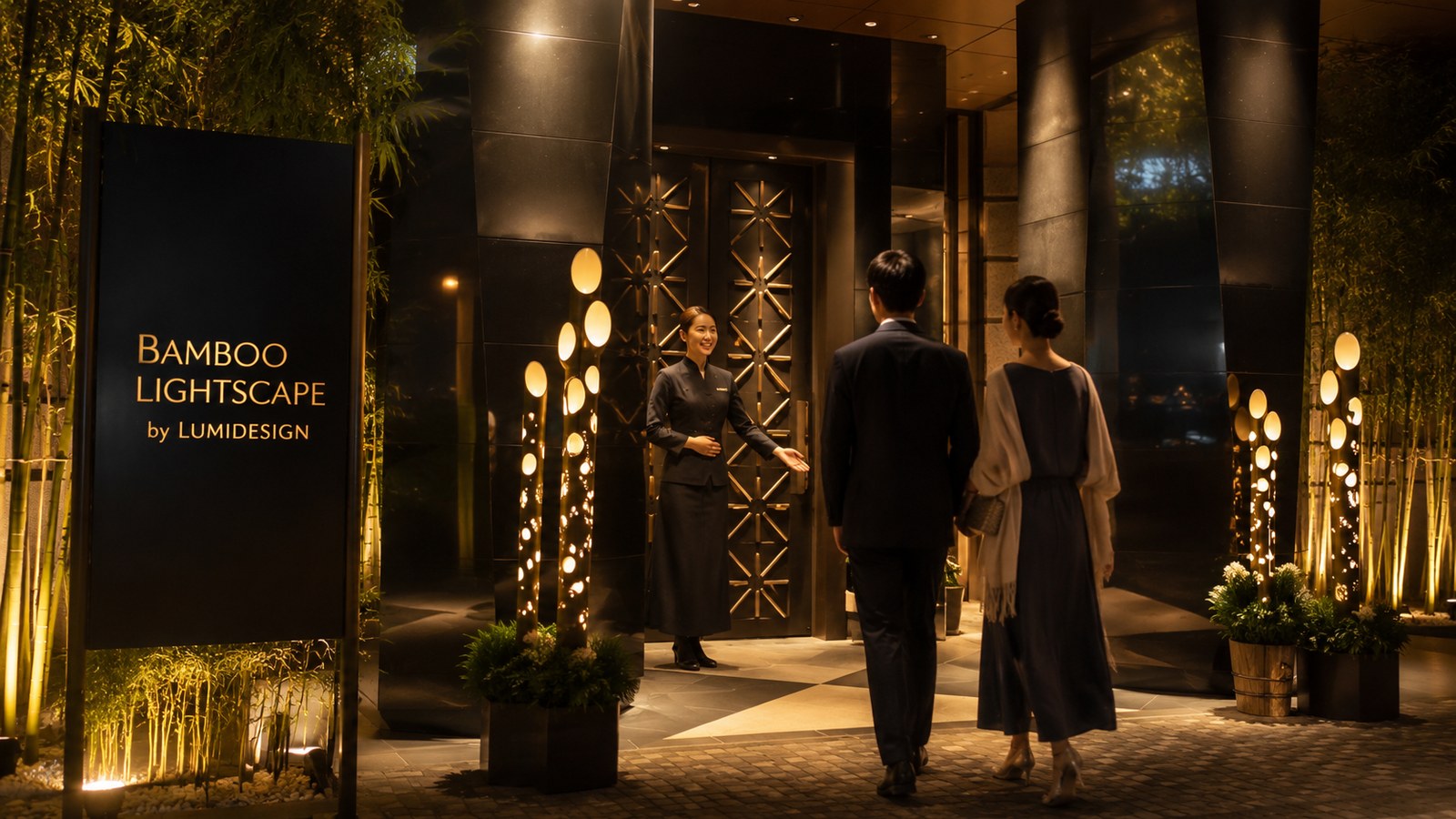 竹灯籠が灯る高級ホテルのエントランスでスタッフが宿泊客を迎えるBAMBOO LIGHTSCAPEの演出イメージ