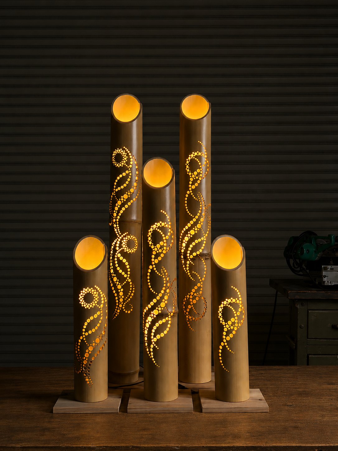 モダンな施設ロビーに複数の竹灯籠を配置した空間装飾