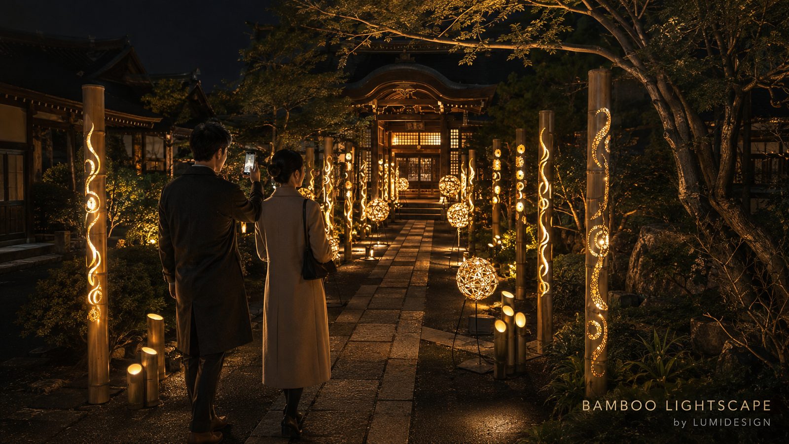 BAMBOO LIGHTSCAPE by LUMIDESIGNの竹灯籠と竹鞠が並ぶ寺社の参道で来場者が夜景を撮影する演出イメージ
