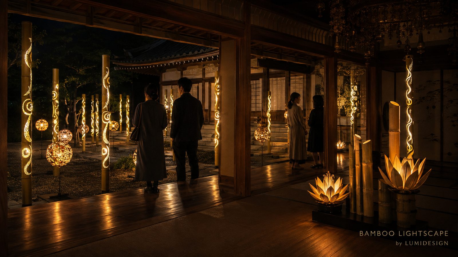 BAMBOO LIGHTSCAPE by LUMIDESIGNの竹灯籠と蓮の光が寺院の縁側と庭園を彩り来場者が鑑賞する演出イメージ