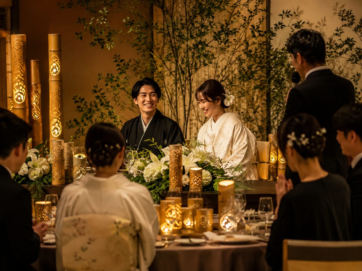 竹灯りを取り入れた披露宴会場の高砂で笑顔を交わす和装の新郎新婦