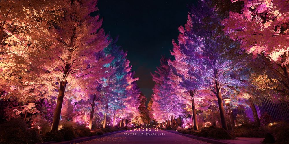 イチョウライトアップのカラフル演出イメージ イベント用の並木夜景