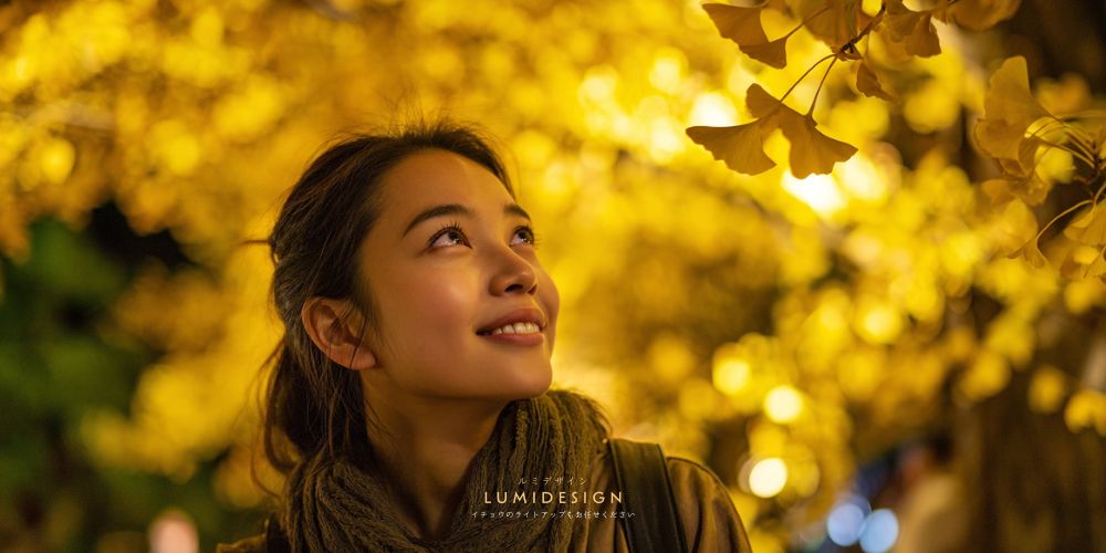 イチョウライトアップを見上げる女性のイメージ 黄葉の夜景
