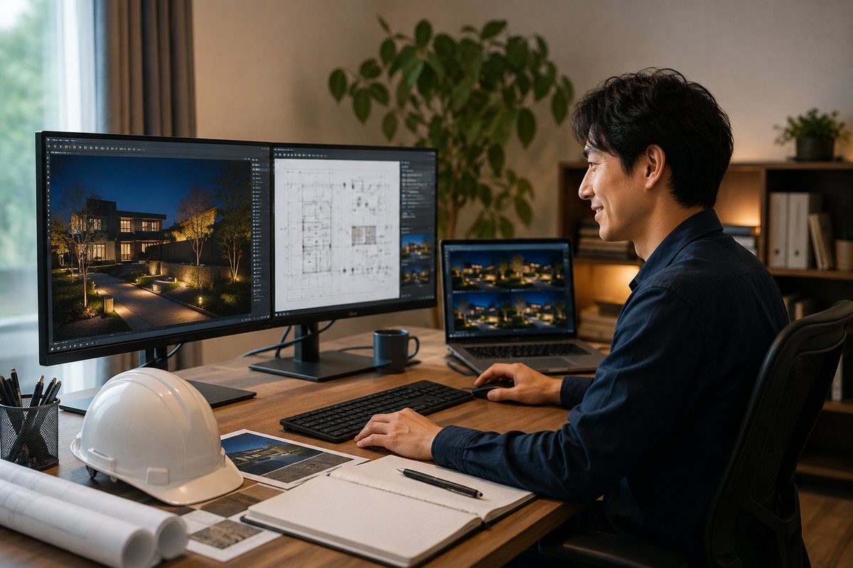 在宅環境でイルミネーションのパースと電気図面を確認するスタッフ