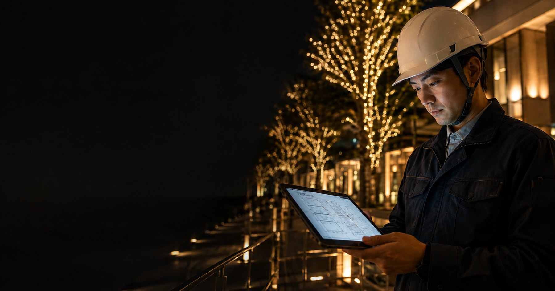 夜のイルミネーション施工現場でタブレットを確認する電気工事施工管理技士