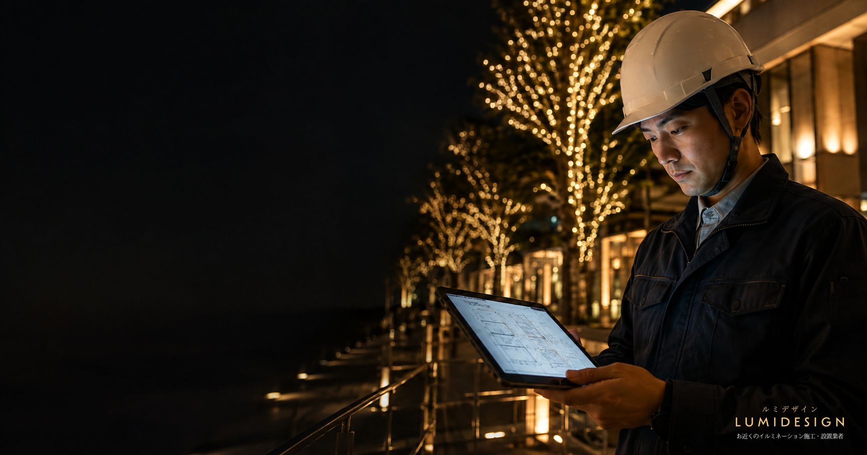 イルミネーション施工現場でタブレットを確認する電気工事施工管理技士