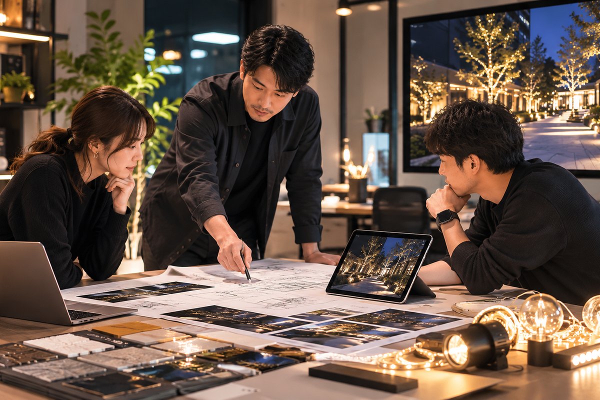 イルミネーションの企画と照明プランを打ち合わせるスタッフ