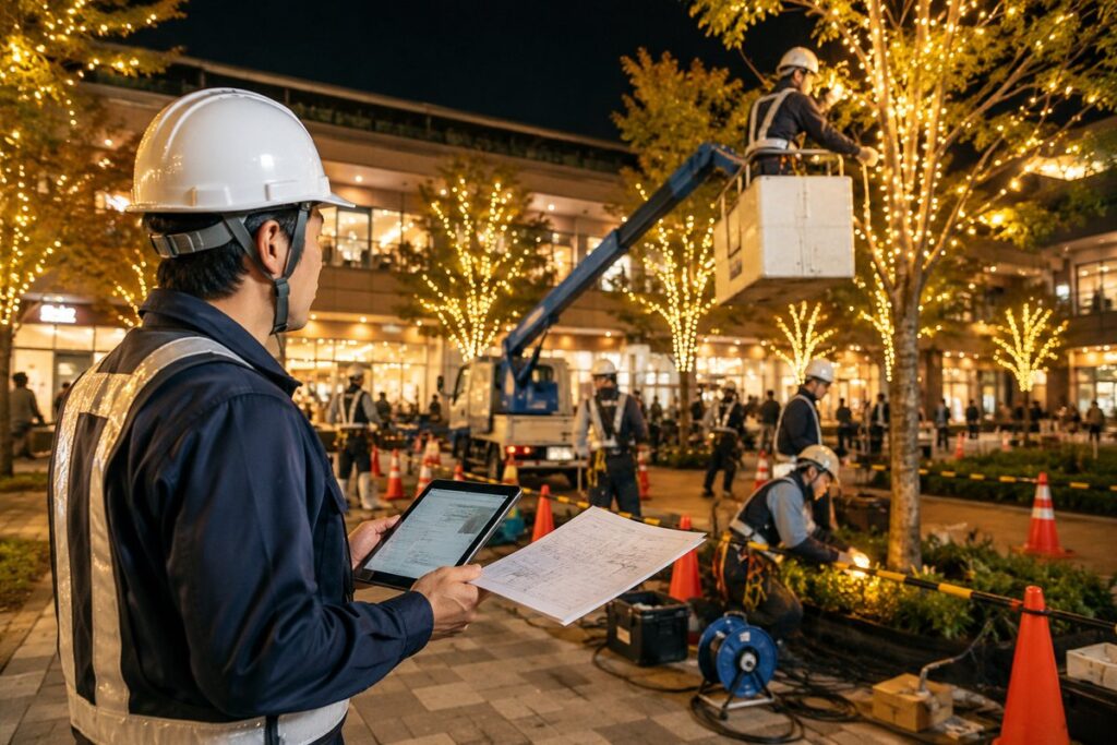 イルミネーション施工現場で進行を確認するスタッフ