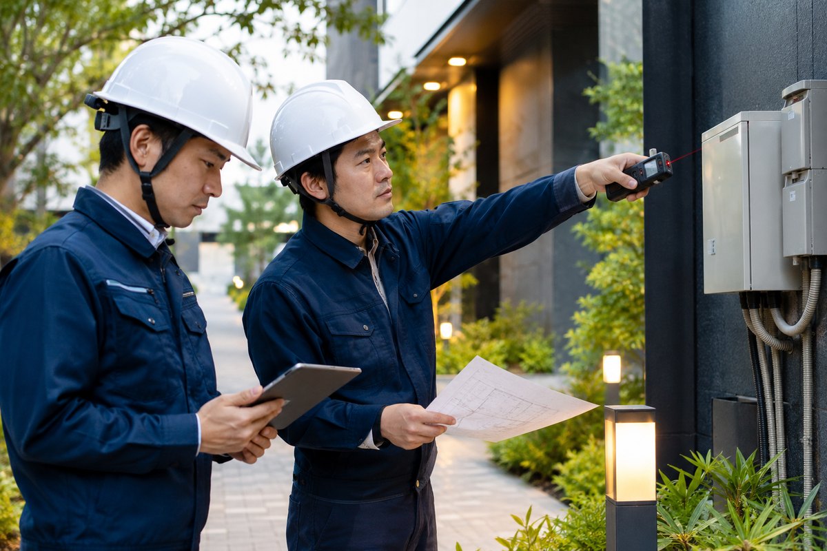 商業施設で電源位置と施工条件を確認する電気工事施工管理スタッフ