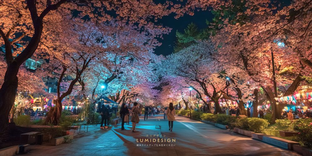 公園の夜桜ライトアップイベントで人が集まる様子 観光や地域イベントの照明演出イメージ
