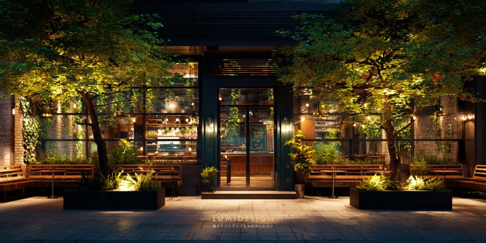 飲食店や路面店の店前で樹木ライトアップを行った外構照明の演出イメージ 夜の集客につながる店舗ライティング