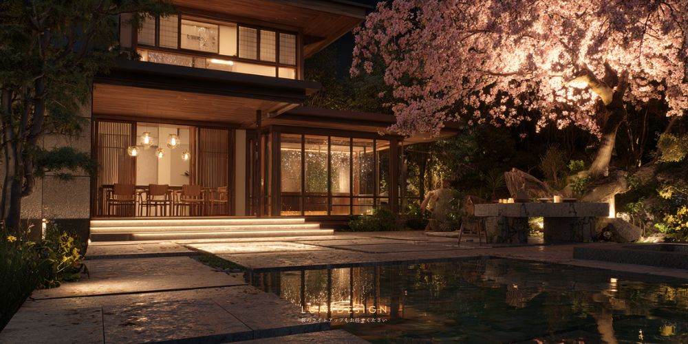和風住宅の庭で桜をライトアップした外構照明の演出イメージ