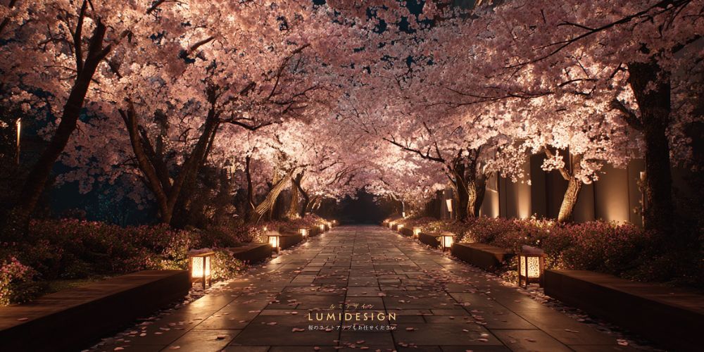 桜並木をライトアップした夜のメインビジュアル 幻想的な照明演出イメージ