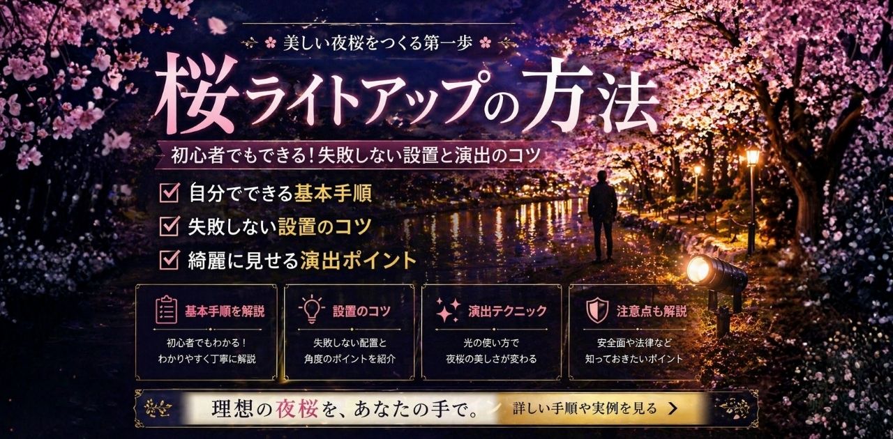 桜ライトアップの方法｜基本手順と設置のコツを紹介する夜桜ライトアップのパソコン用FV画像