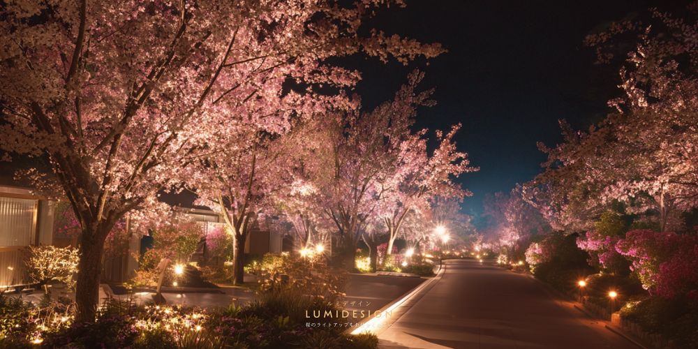 住宅街の桜並木をライトアップした夜の景観イメージ 外構照明による演出