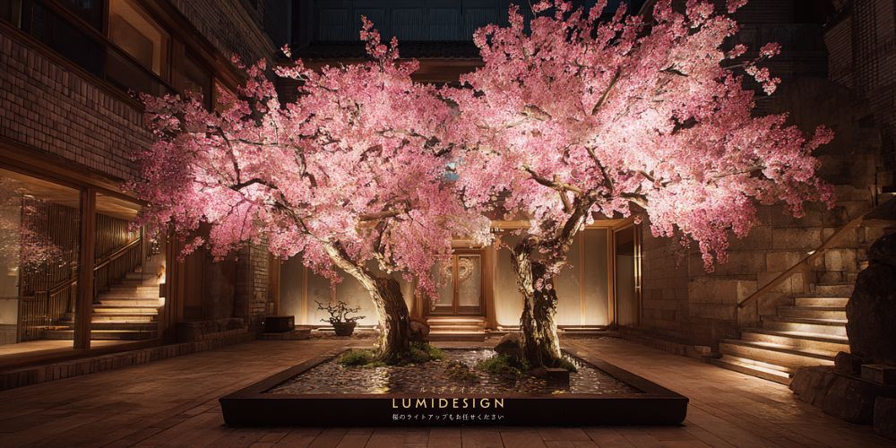 シンボルツリーとして桜をライトアップしたホテルのエントランス空間 高級感のある照明演出イメージ