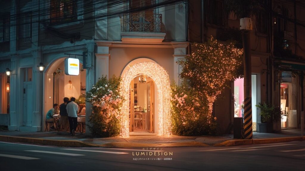 イルミネーションレンタル施工業者_店舗前装飾アーチ