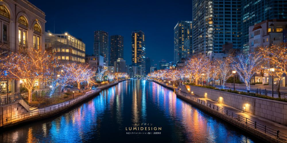 大阪府イルミネーション施工設置業者_川沿い街路樹幻想的なイルミネーション